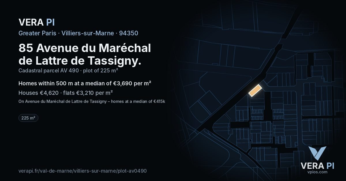 85 Avenue du Maréchal de Lattre de Tassigny, Villiers-sur-Marne at night – the plot lit, the parcels around coloured by the prices near them