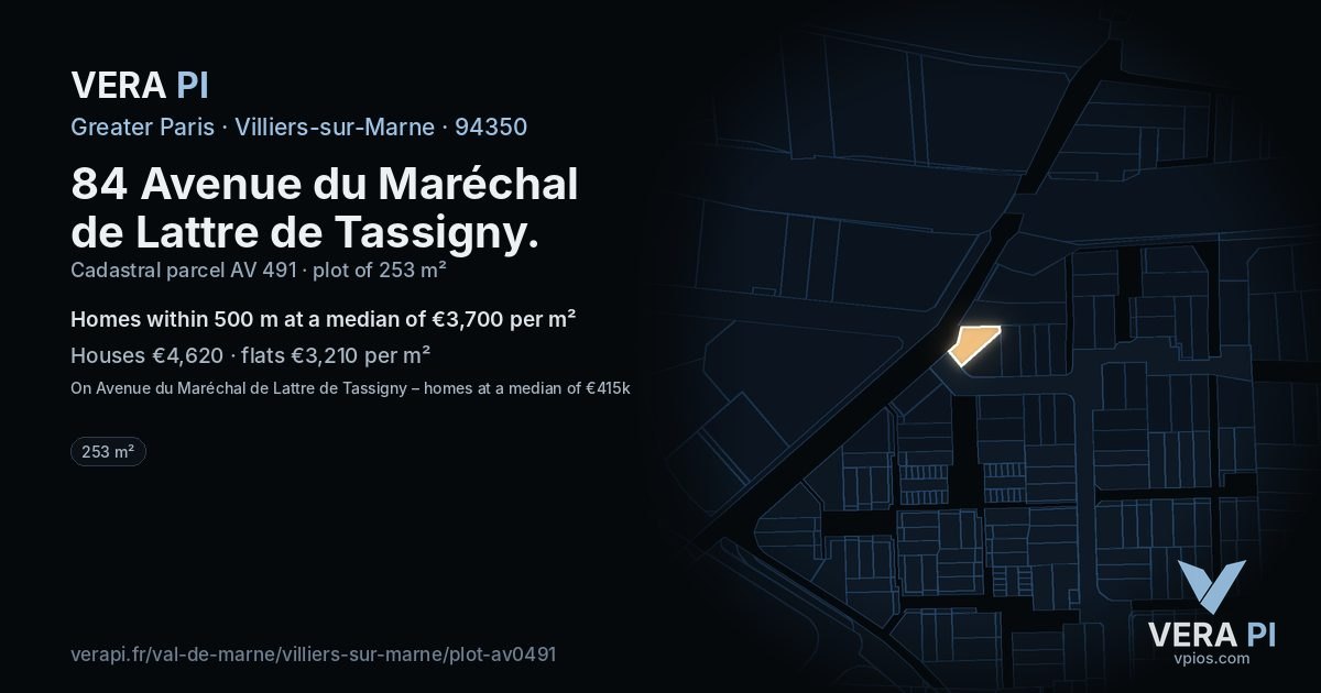 84 Avenue du Maréchal de Lattre de Tassigny, Villiers-sur-Marne at night – the plot lit, the parcels around coloured by the prices near them