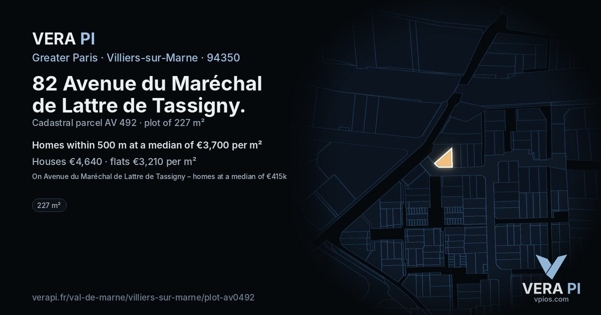 82 Avenue du Maréchal de Lattre de Tassigny, Villiers-sur-Marne at night – the plot lit, the parcels around coloured by the prices near them