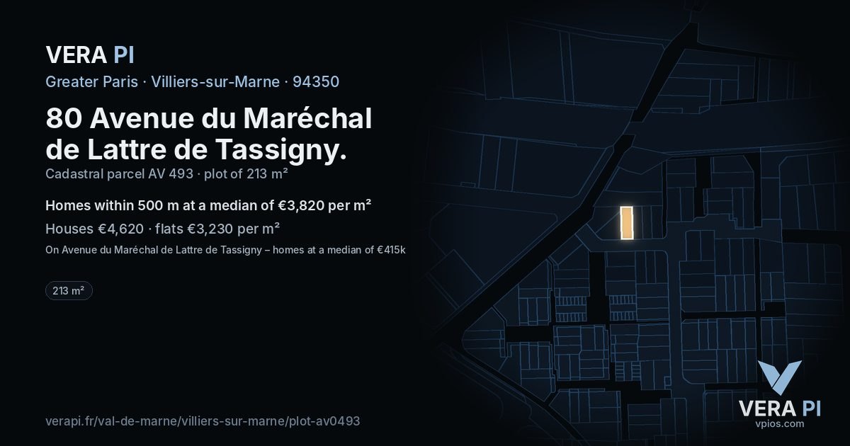 80 Avenue du Maréchal de Lattre de Tassigny, Villiers-sur-Marne at night – the plot lit, the parcels around coloured by the prices near them