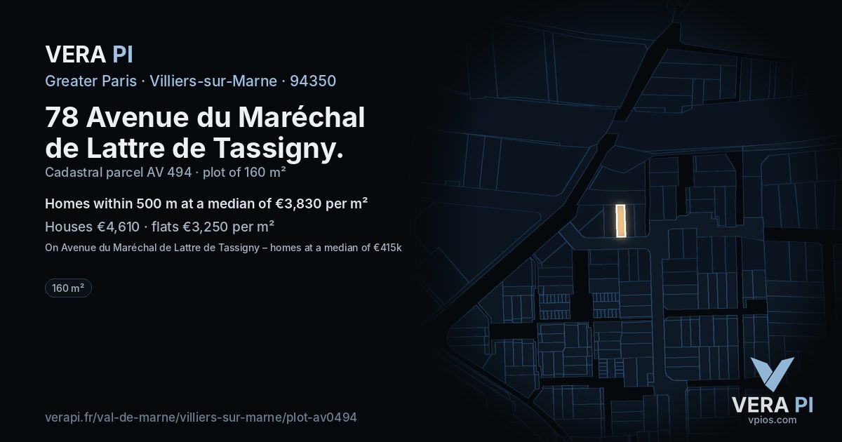 78 Avenue du Maréchal de Lattre de Tassigny, Villiers-sur-Marne at night – the plot lit, the parcels around coloured by the prices near them