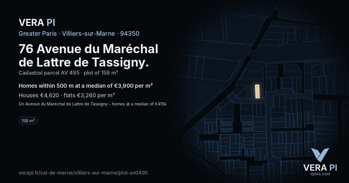 76 Avenue du Maréchal de Lattre de Tassigny, Villiers-sur-Marne at night – the plot lit, the parcels around coloured by the prices near them