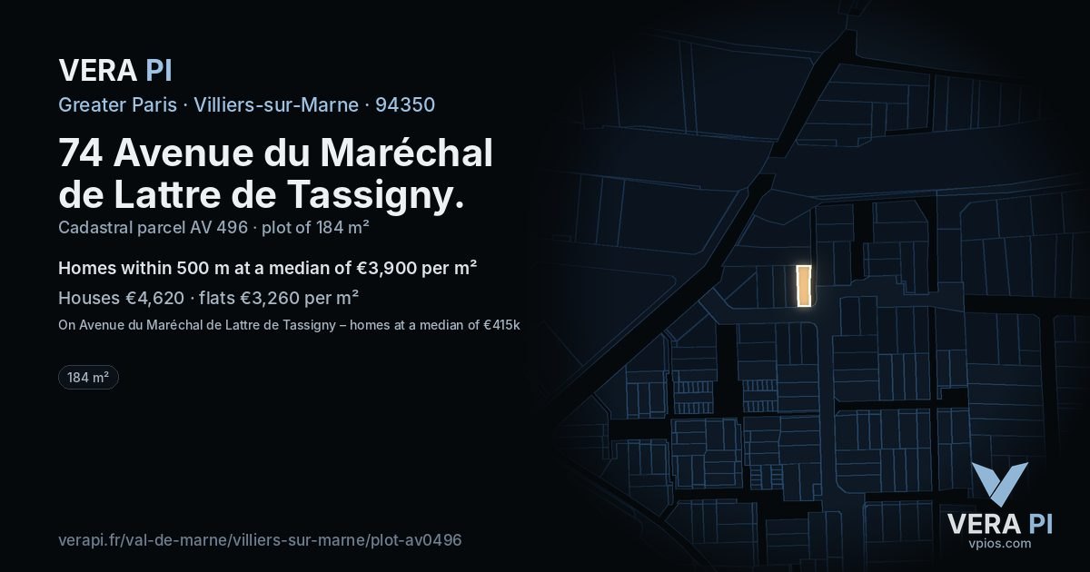 74 Avenue du Maréchal de Lattre de Tassigny, Villiers-sur-Marne at night – the plot lit, the parcels around coloured by the prices near them