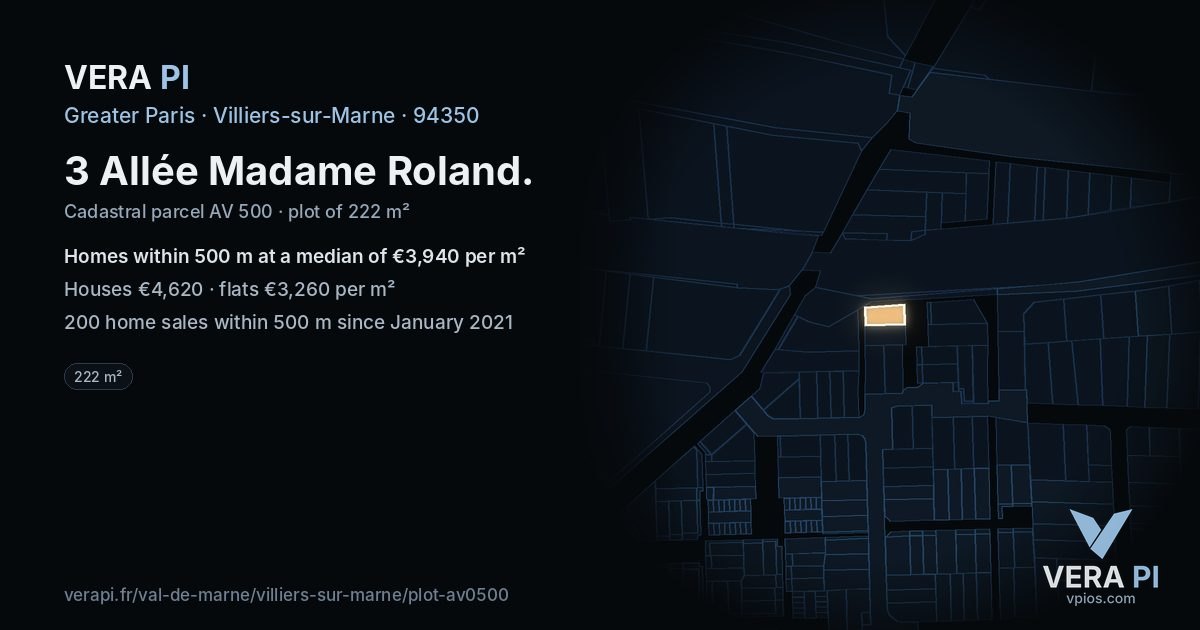 3 Allée Madame Roland, Villiers-sur-Marne at night – the plot lit, the parcels around coloured by the prices near them