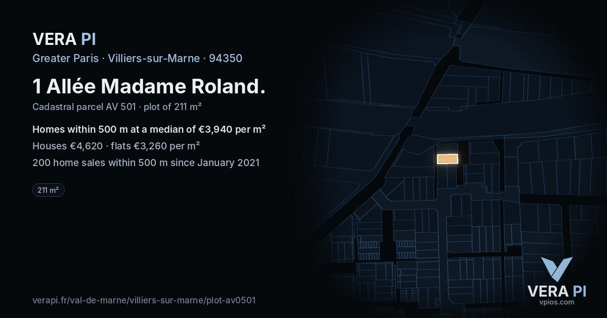 1 Allée Madame Roland, Villiers-sur-Marne at night – the plot lit, the parcels around coloured by the prices near them
