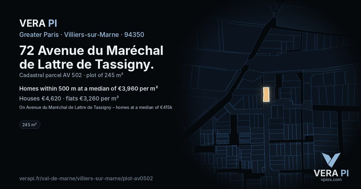 72 Avenue du Maréchal de Lattre de Tassigny, Villiers-sur-Marne at night – the plot lit, the parcels around coloured by the prices near them