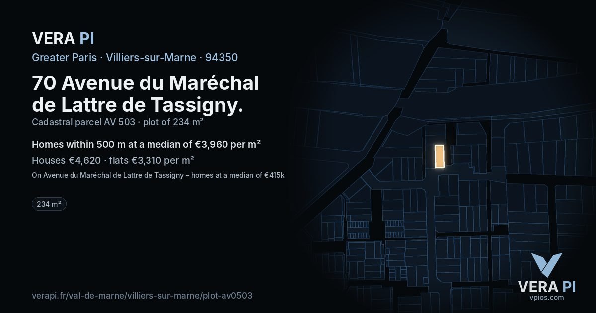 70 Avenue du Maréchal de Lattre de Tassigny, Villiers-sur-Marne at night – the plot lit, the parcels around coloured by the prices near them