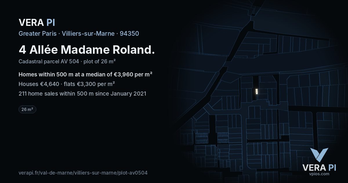 4 Allée Madame Roland, Villiers-sur-Marne at night – the plot lit, the parcels around coloured by the prices near them
