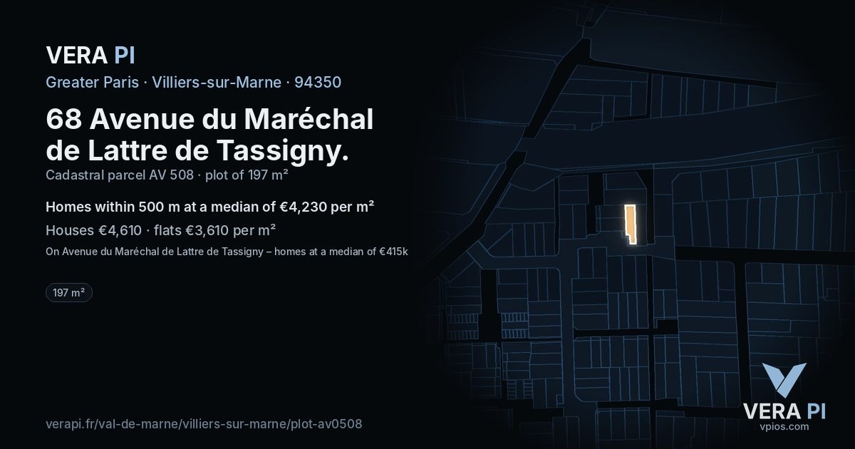 68 Avenue du Maréchal de Lattre de Tassigny, Villiers-sur-Marne at night – the plot lit, the parcels around coloured by the prices near them
