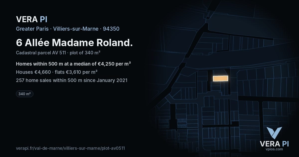 6 Allée Madame Roland, Villiers-sur-Marne at night – the plot lit, the parcels around coloured by the prices near them