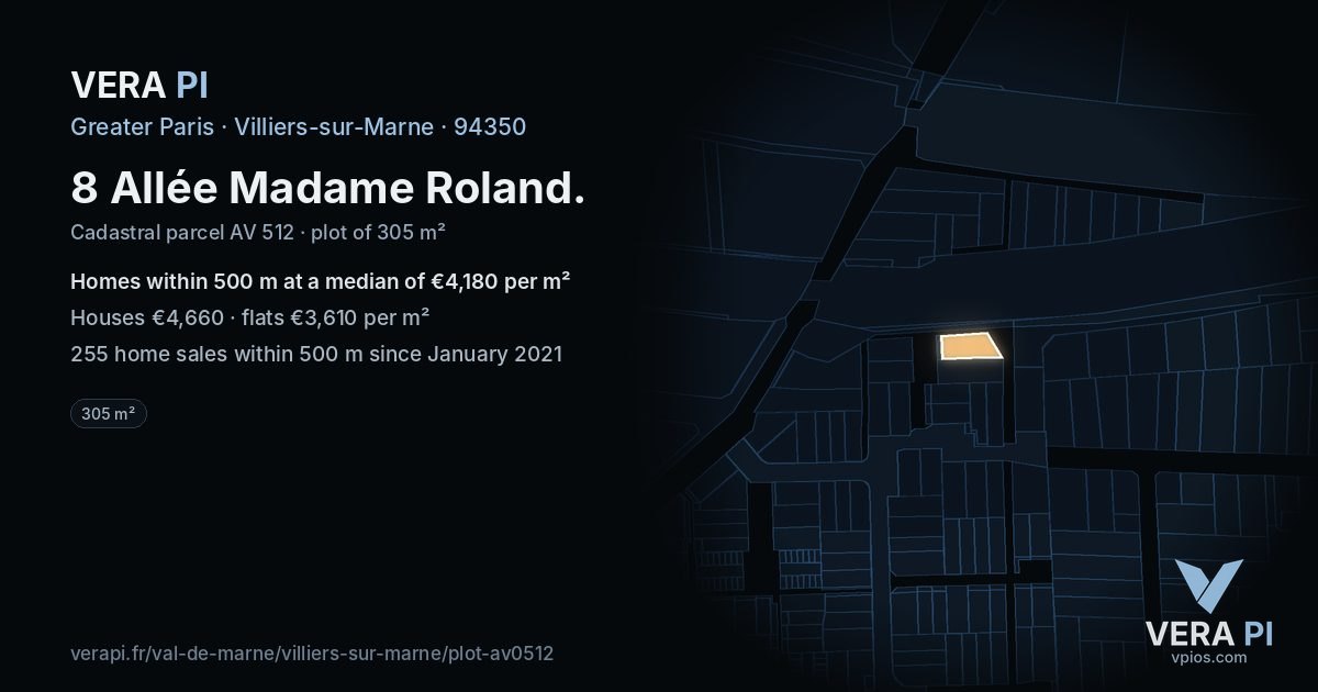 8 Allée Madame Roland, Villiers-sur-Marne at night – the plot lit, the parcels around coloured by the prices near them