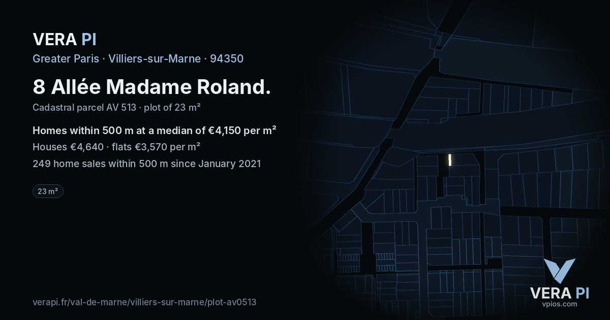 8 Allée Madame Roland, Villiers-sur-Marne at night – the plot lit, the parcels around coloured by the prices near them
