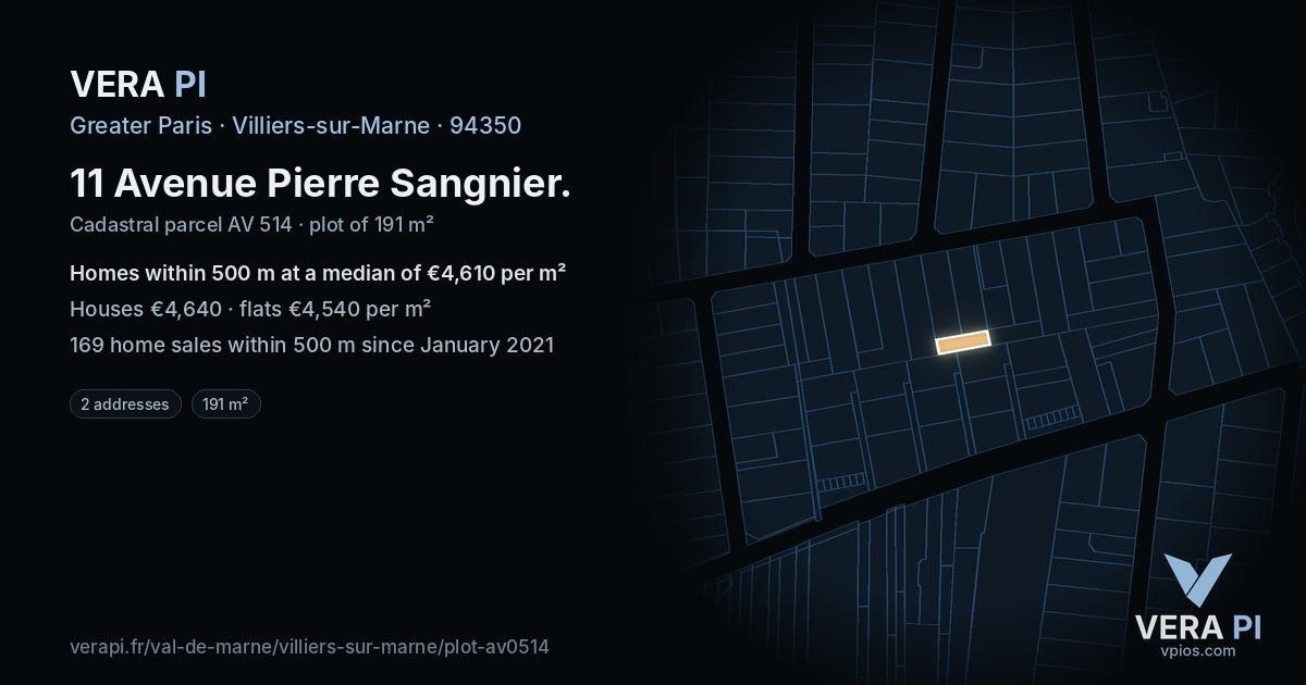 11 Avenue Pierre Sangnier, Villiers-sur-Marne at night – the plot lit, the parcels around coloured by the prices near them