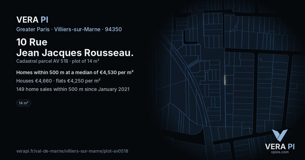 10 Rue Jean Jacques Rousseau, Villiers-sur-Marne at night – the plot lit, the parcels around coloured by the prices near them