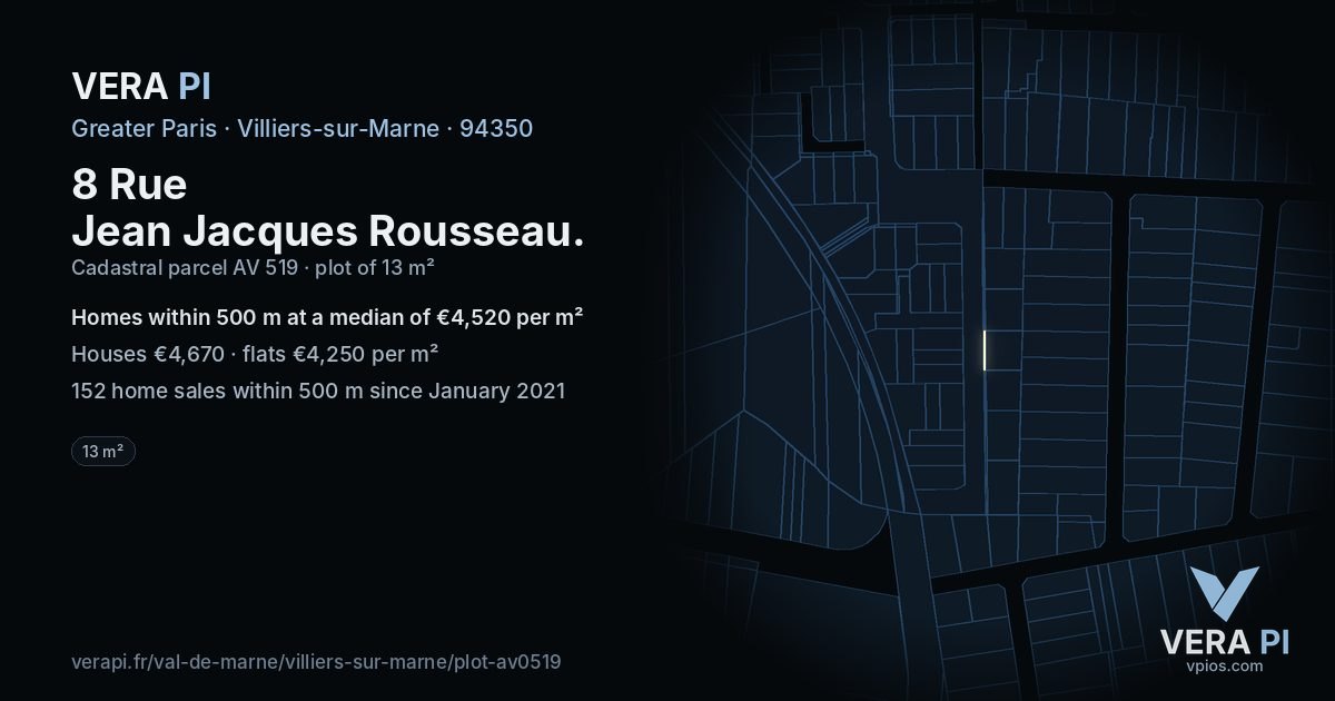8 Rue Jean Jacques Rousseau, Villiers-sur-Marne at night – the plot lit, the parcels around coloured by the prices near them
