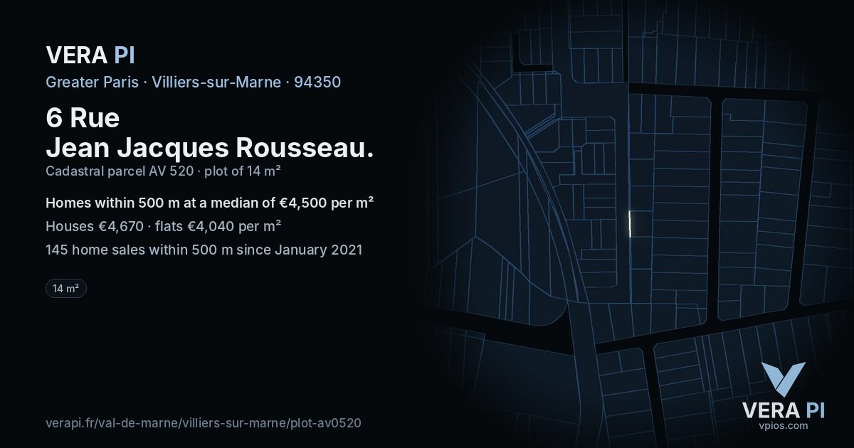 6 Rue Jean Jacques Rousseau, Villiers-sur-Marne at night – the plot lit, the parcels around coloured by the prices near them