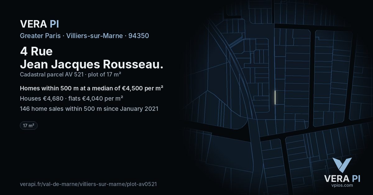 4 Rue Jean Jacques Rousseau, Villiers-sur-Marne at night – the plot lit, the parcels around coloured by the prices near them