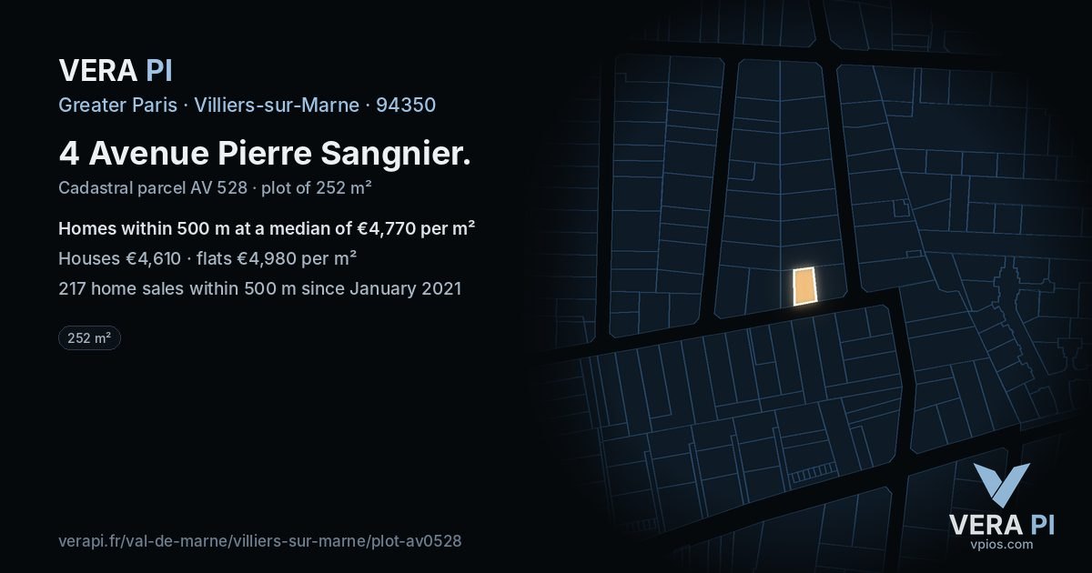 4 Avenue Pierre Sangnier, Villiers-sur-Marne at night – the plot lit, the parcels around coloured by the prices near them