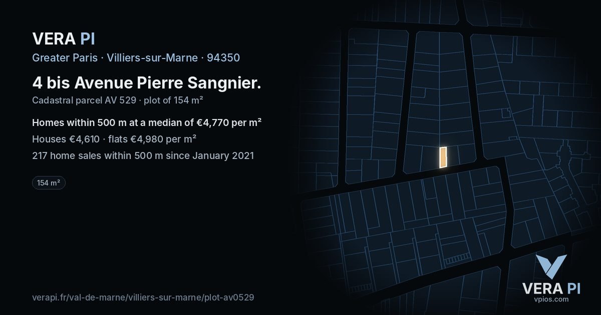 4 bis Avenue Pierre Sangnier, Villiers-sur-Marne at night – the plot lit, the parcels around coloured by the prices near them