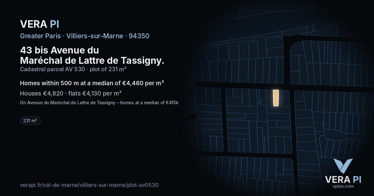 43 bis Avenue du Maréchal de Lattre de Tassigny, Villiers-sur-Marne at night – the plot lit, the parcels around coloured by the prices near them