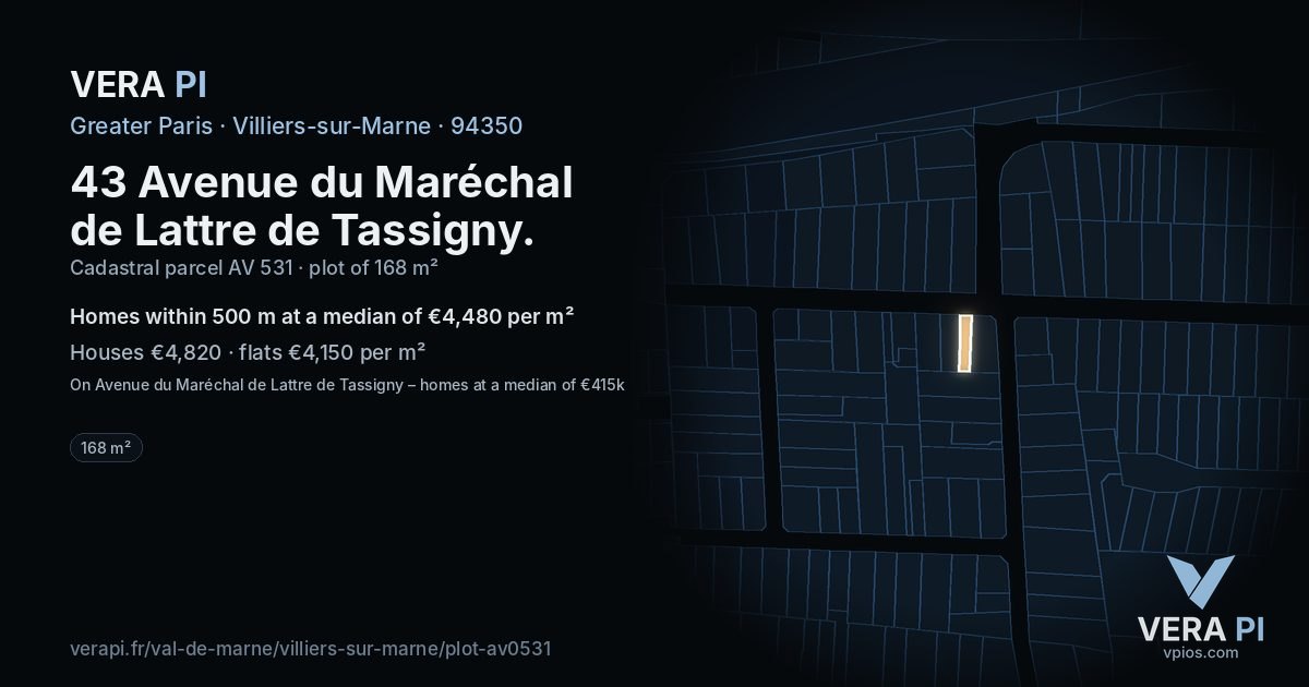 43 Avenue du Maréchal de Lattre de Tassigny, Villiers-sur-Marne at night – the plot lit, the parcels around coloured by the prices near them