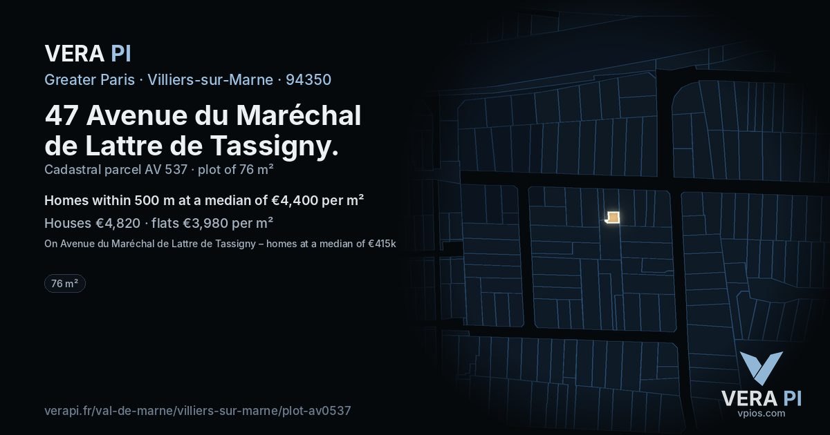 47 Avenue du Maréchal de Lattre de Tassigny, Villiers-sur-Marne at night – the plot lit, the parcels around coloured by the prices near them