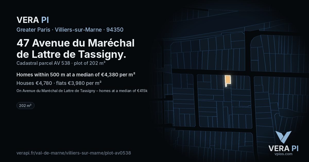 47 Avenue du Maréchal de Lattre de Tassigny, Villiers-sur-Marne at night – the plot lit, the parcels around coloured by the prices near them
