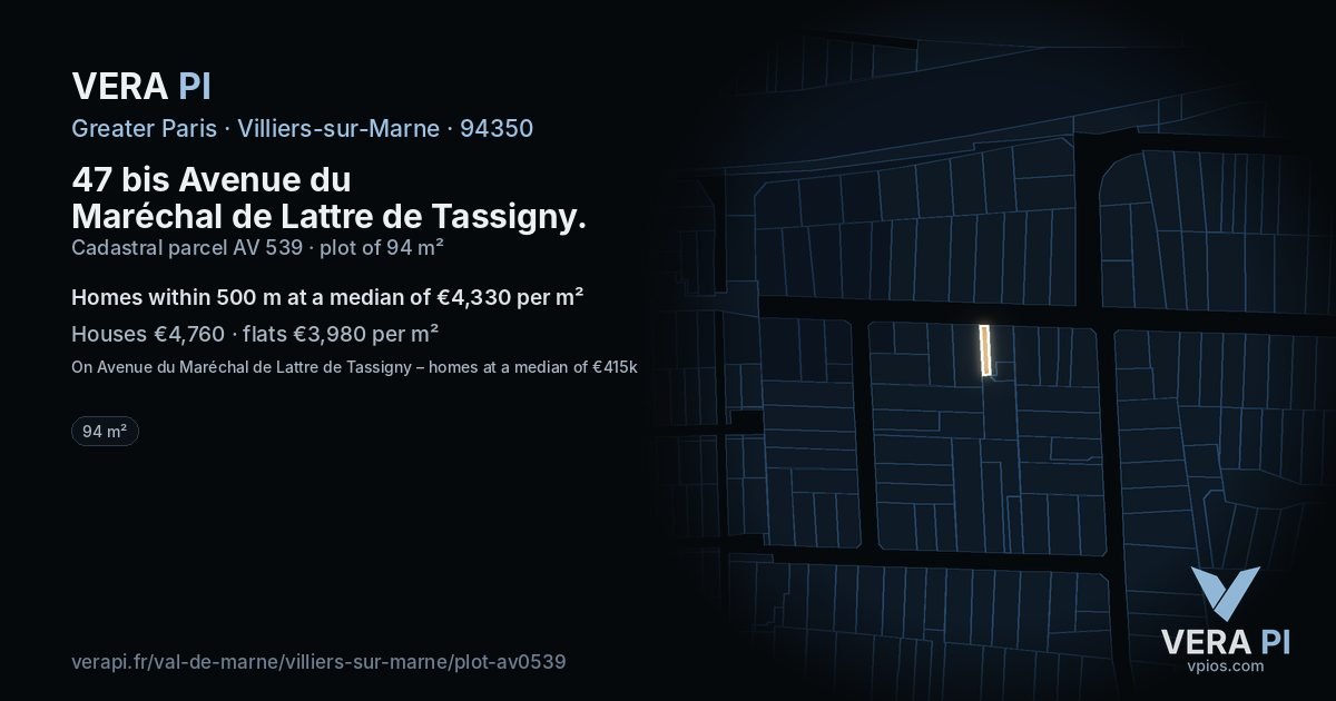 47 bis Avenue du Maréchal de Lattre de Tassigny, Villiers-sur-Marne at night – the plot lit, the parcels around coloured by the prices near them
