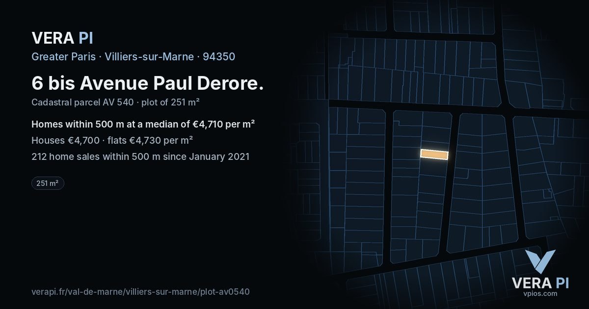 6 bis Avenue Paul Derore, Villiers-sur-Marne at night – the plot lit, the parcels around coloured by the prices near them