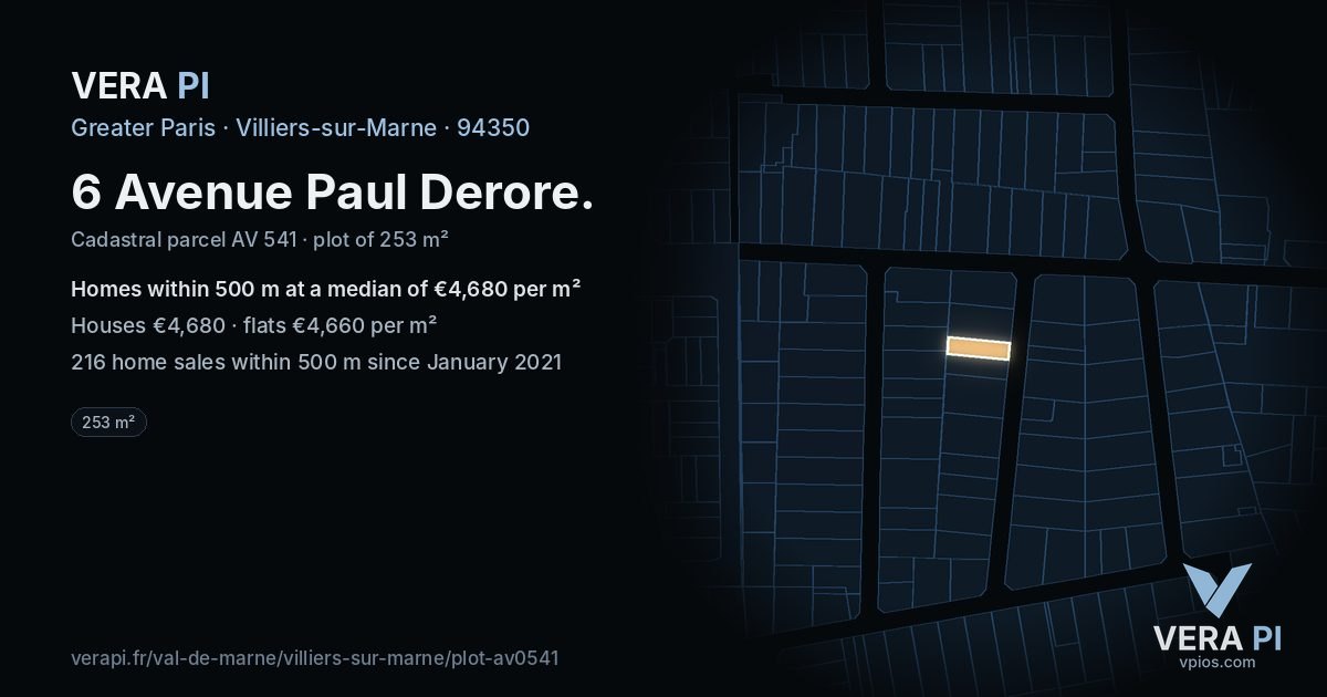 6 Avenue Paul Derore, Villiers-sur-Marne at night – the plot lit, the parcels around coloured by the prices near them