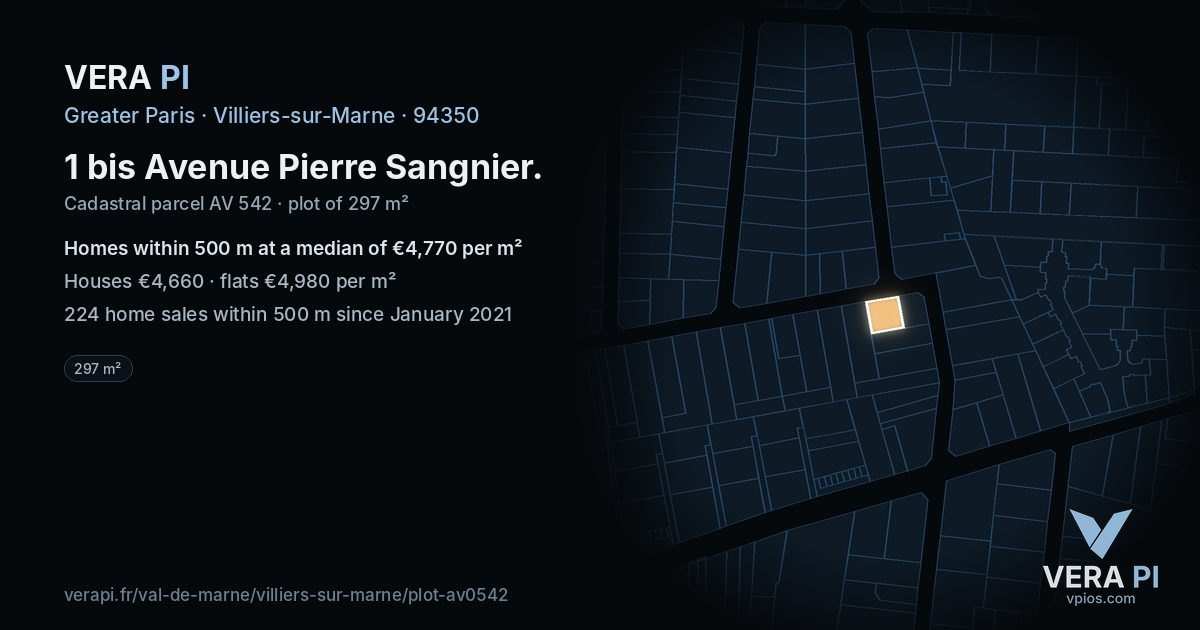 1 bis Avenue Pierre Sangnier, Villiers-sur-Marne at night – the plot lit, the parcels around coloured by the prices near them