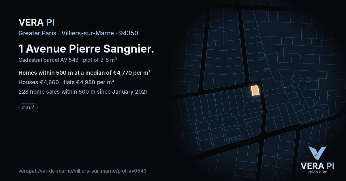 1 Avenue Pierre Sangnier, Villiers-sur-Marne at night – the plot lit, the parcels around coloured by the prices near them