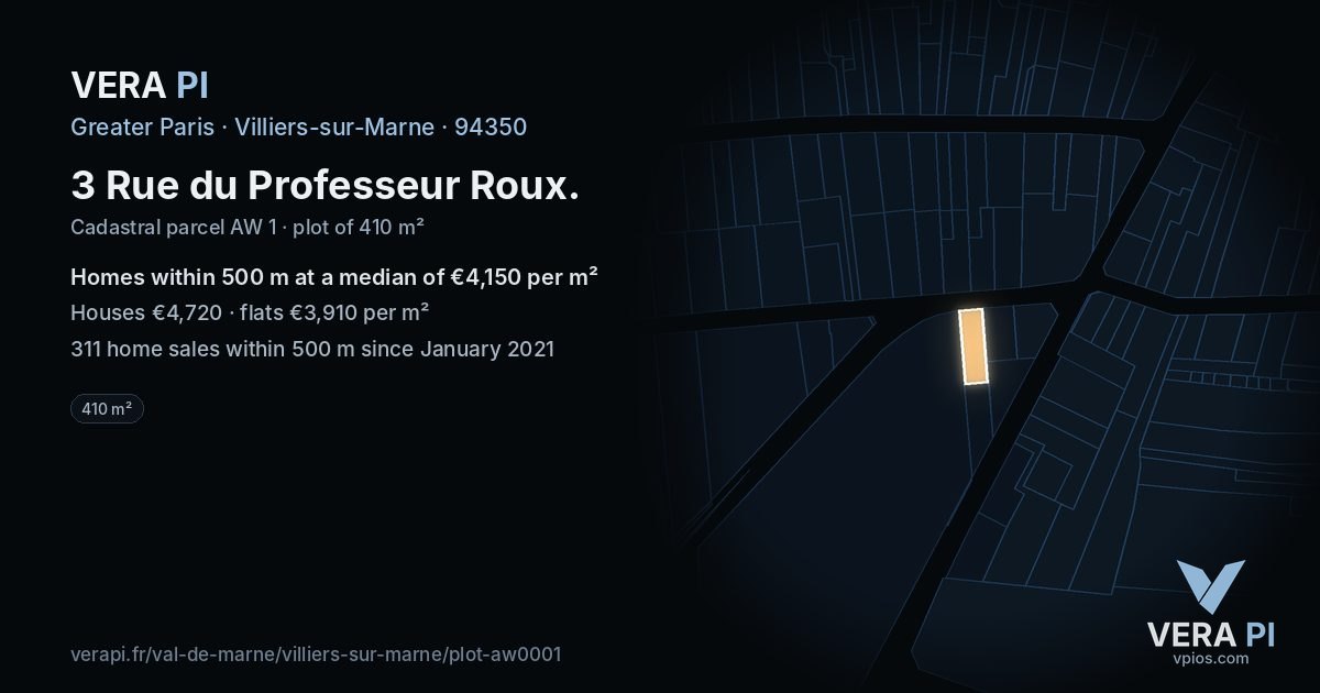 3 Rue du Professeur Roux, Villiers-sur-Marne at night – the plot lit, the parcels around coloured by the prices near them