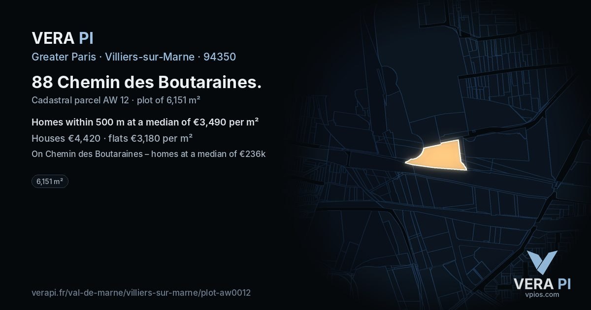 88 Chemin des Boutaraines, Villiers-sur-Marne at night – the plot lit, the parcels around coloured by the prices near them