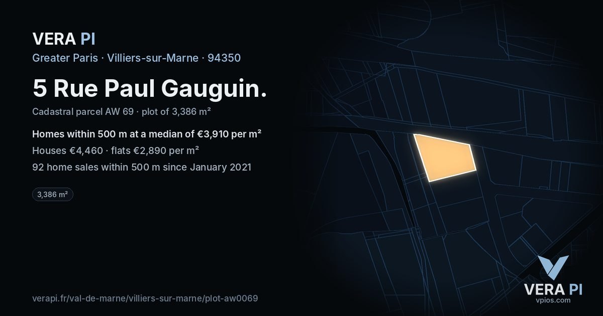 5 Rue Paul Gauguin, Villiers-sur-Marne at night – the plot lit, the parcels around coloured by the prices near them