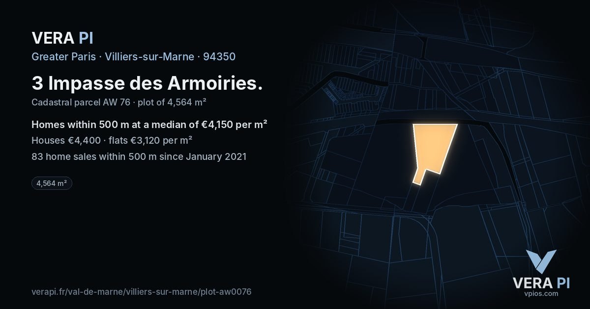 3 Impasse des Armoiries, Villiers-sur-Marne at night – the plot lit, the parcels around coloured by the prices near them