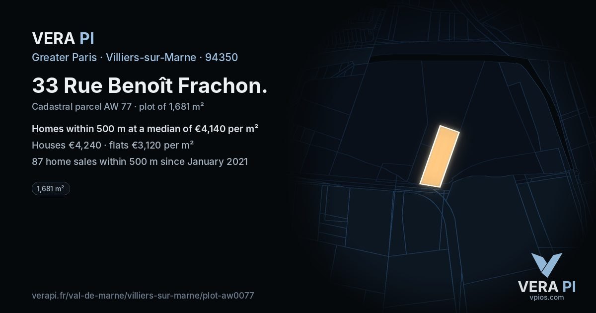 33 Rue Benoît Frachon, Villiers-sur-Marne at night – the plot lit, the parcels around coloured by the prices near them