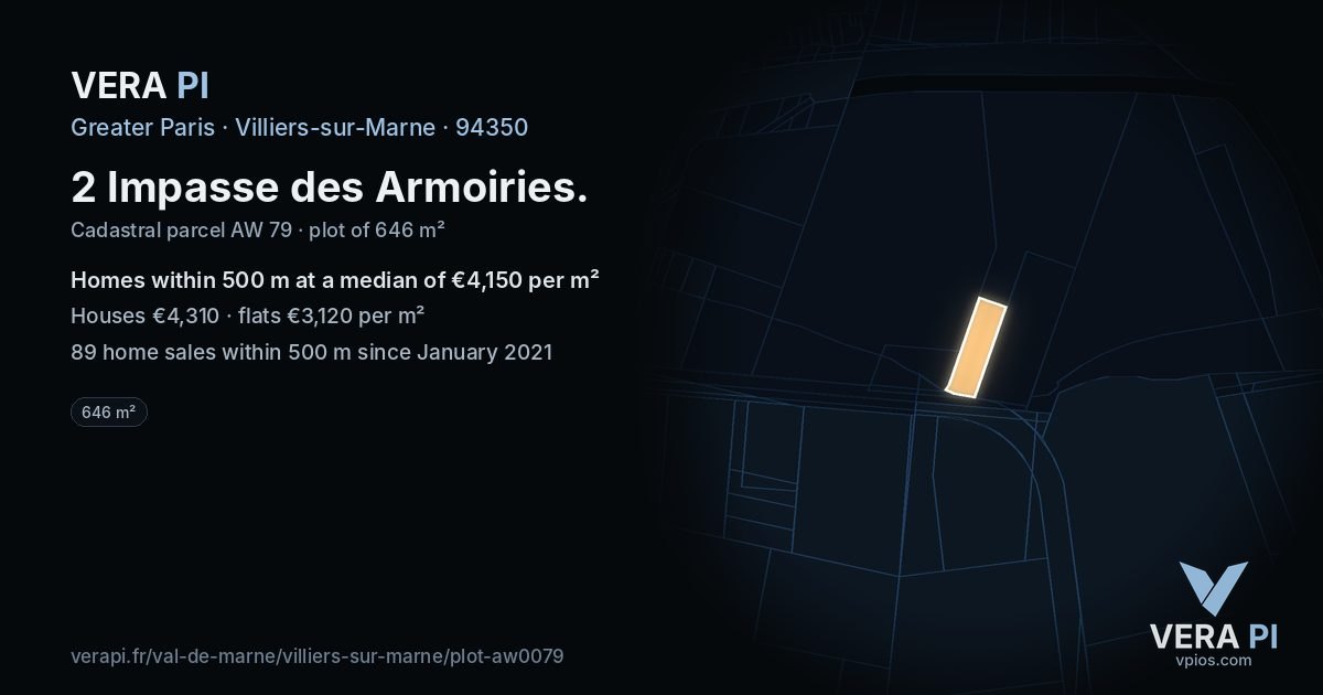 2 Impasse des Armoiries, Villiers-sur-Marne at night – the plot lit, the parcels around coloured by the prices near them