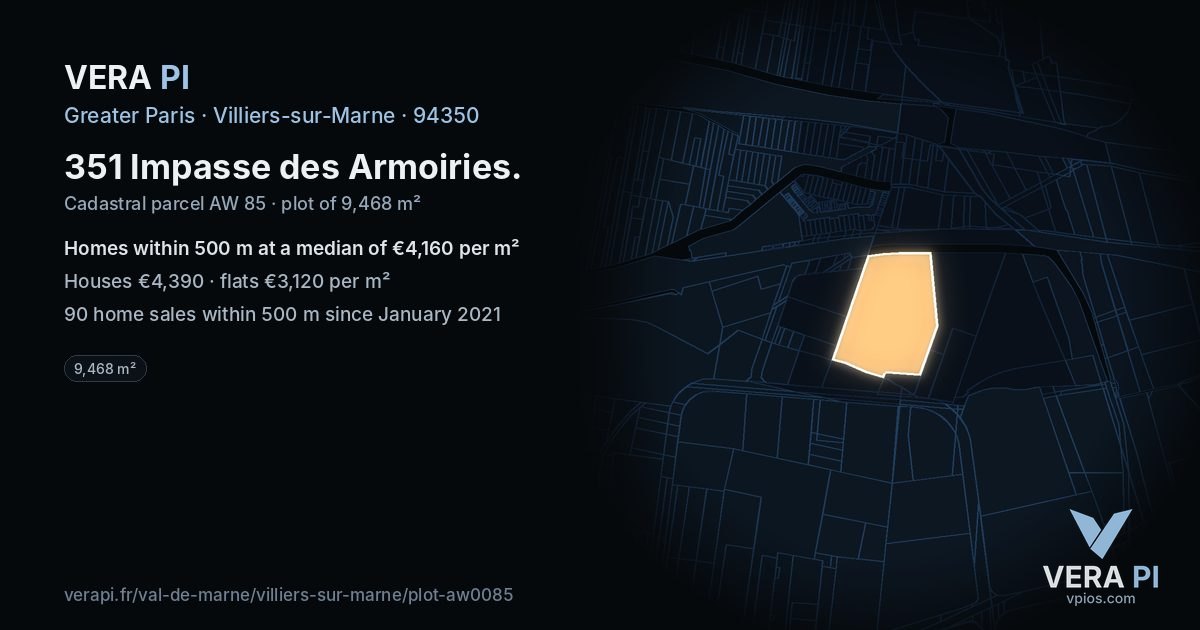 351 Impasse des Armoiries, Villiers-sur-Marne at night – the plot lit, the parcels around coloured by the prices near them