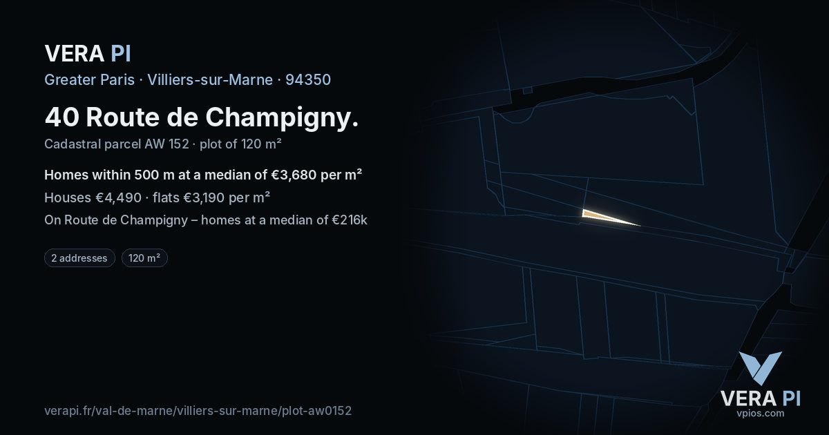 40 Route de Champigny, Villiers-sur-Marne at night – the plot lit, the parcels around coloured by the prices near them