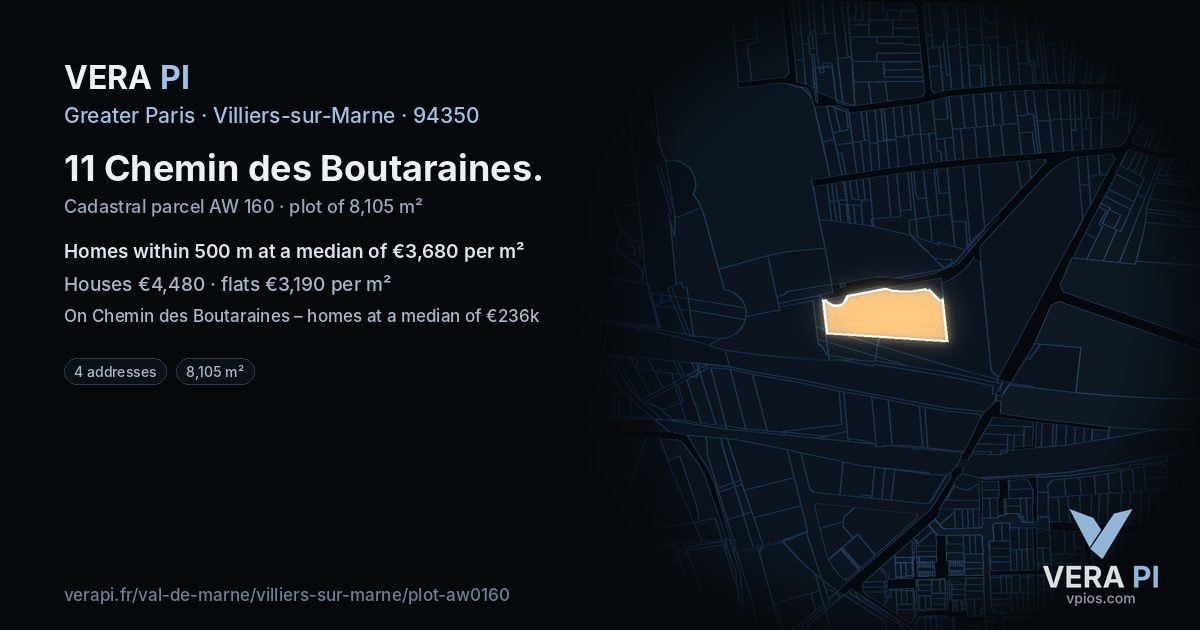 11 Chemin des Boutaraines, Villiers-sur-Marne at night – the plot lit, the parcels around coloured by the prices near them