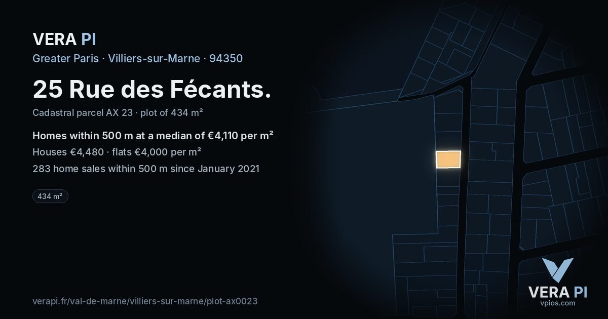 25 Rue des Fécants, Villiers-sur-Marne at night – the plot lit, the parcels around coloured by the prices near them