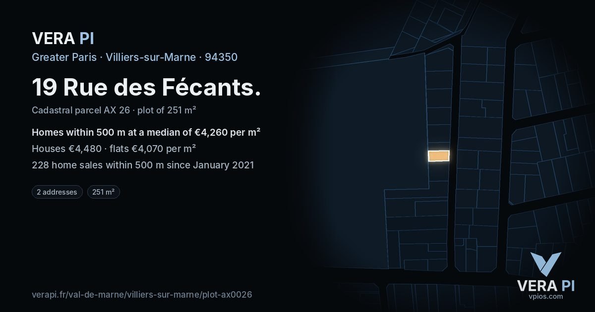19 Rue des Fécants, Villiers-sur-Marne at night – the plot lit, the parcels around coloured by the prices near them
