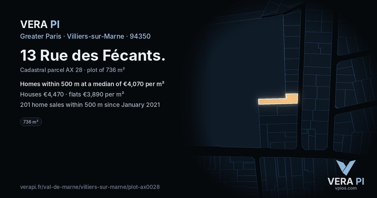13 Rue des Fécants, Villiers-sur-Marne at night – the plot lit, the parcels around coloured by the prices near them