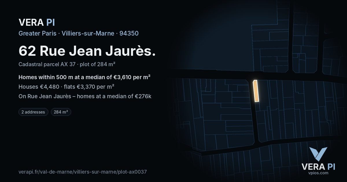 62 Rue Jean Jaurès, Villiers-sur-Marne at night – the plot lit, the parcels around coloured by the prices near them