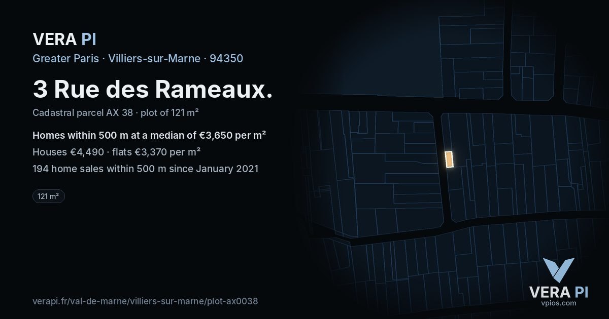 3 Rue des Rameaux, Villiers-sur-Marne at night – the plot lit, the parcels around coloured by the prices near them