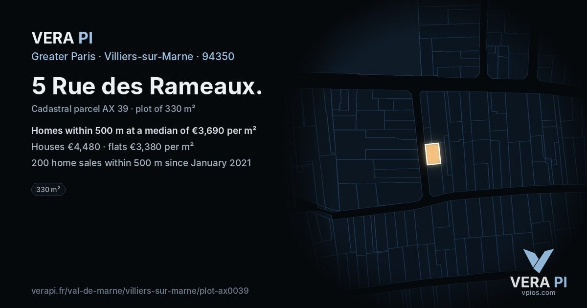5 Rue des Rameaux, Villiers-sur-Marne at night – the plot lit, the parcels around coloured by the prices near them