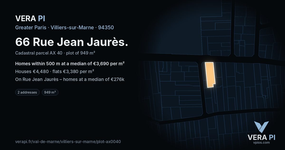 66 Rue Jean Jaurès, Villiers-sur-Marne at night – the plot lit, the parcels around coloured by the prices near them