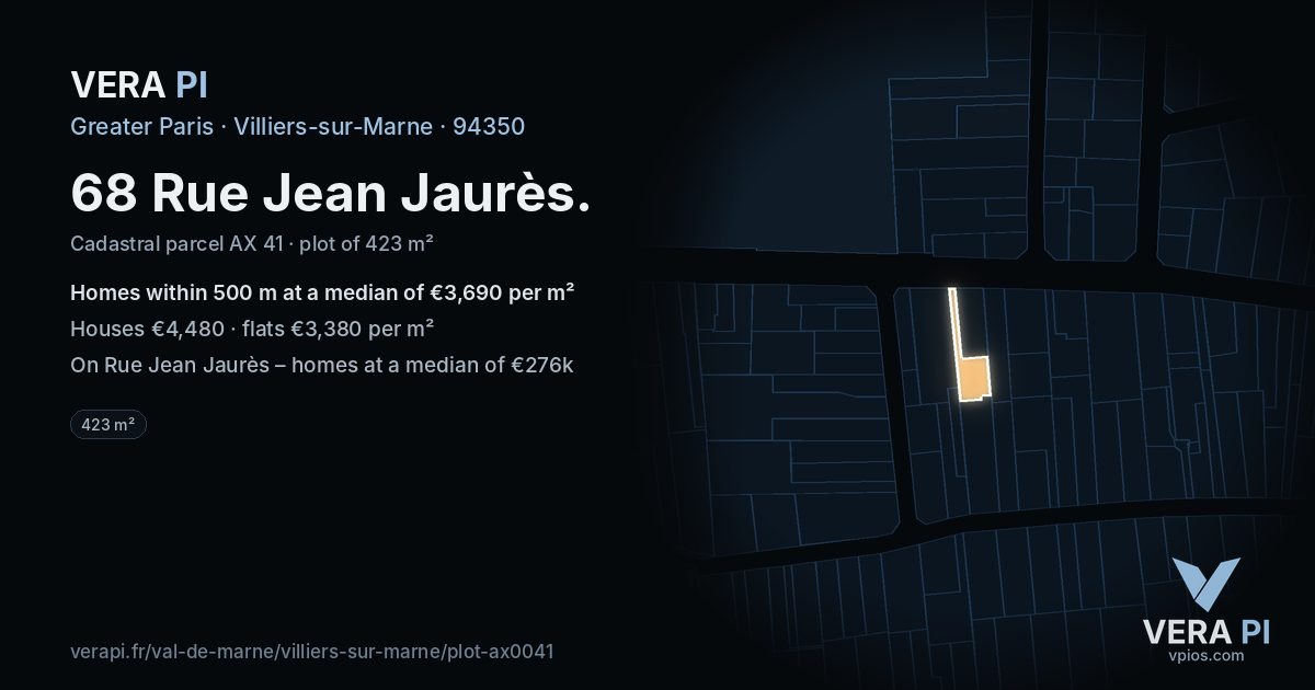 68 Rue Jean Jaurès, Villiers-sur-Marne at night – the plot lit, the parcels around coloured by the prices near them