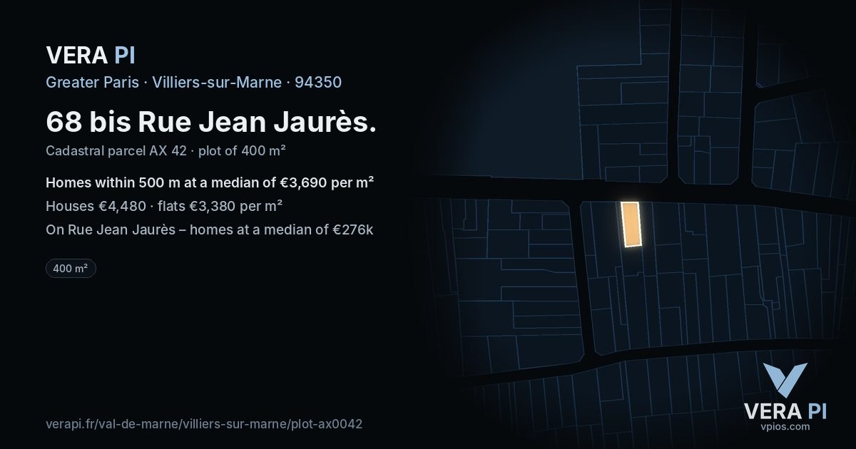 68 bis Rue Jean Jaurès, Villiers-sur-Marne at night – the plot lit, the parcels around coloured by the prices near them